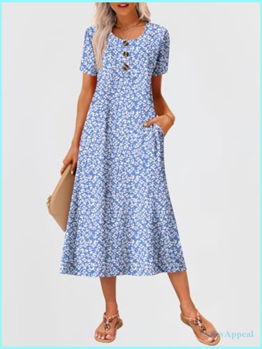 Summer Midi Dress Short Sleeve Button Up Crewneck Loose With Pockets - Picture 2 of 7